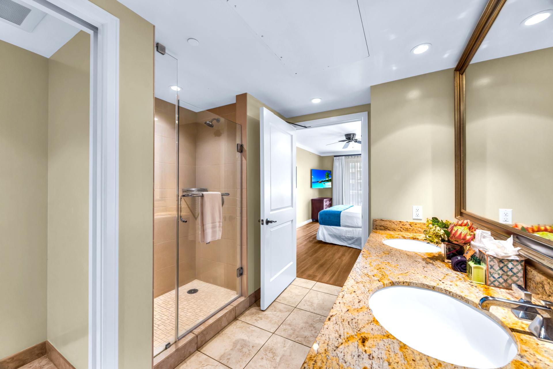 The primary en suite bathroom features a double vanity for added space and convenience HKK-443