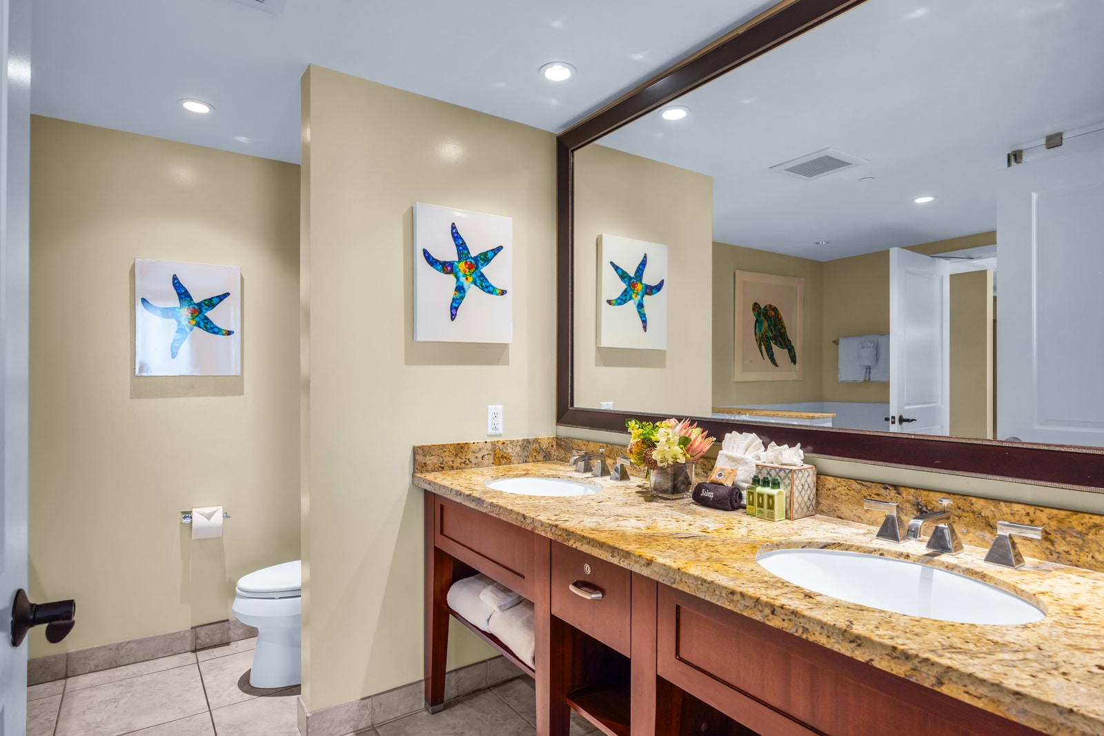 The guest bath also features a double vanity for added convenience 