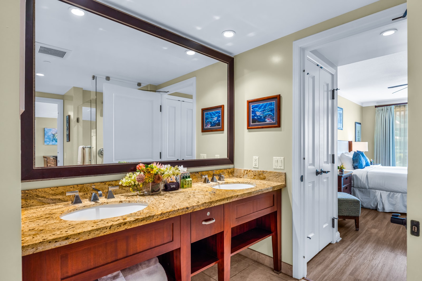 The guest bath features clean modern finishes