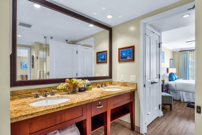 The guest bath features clean modern finishes