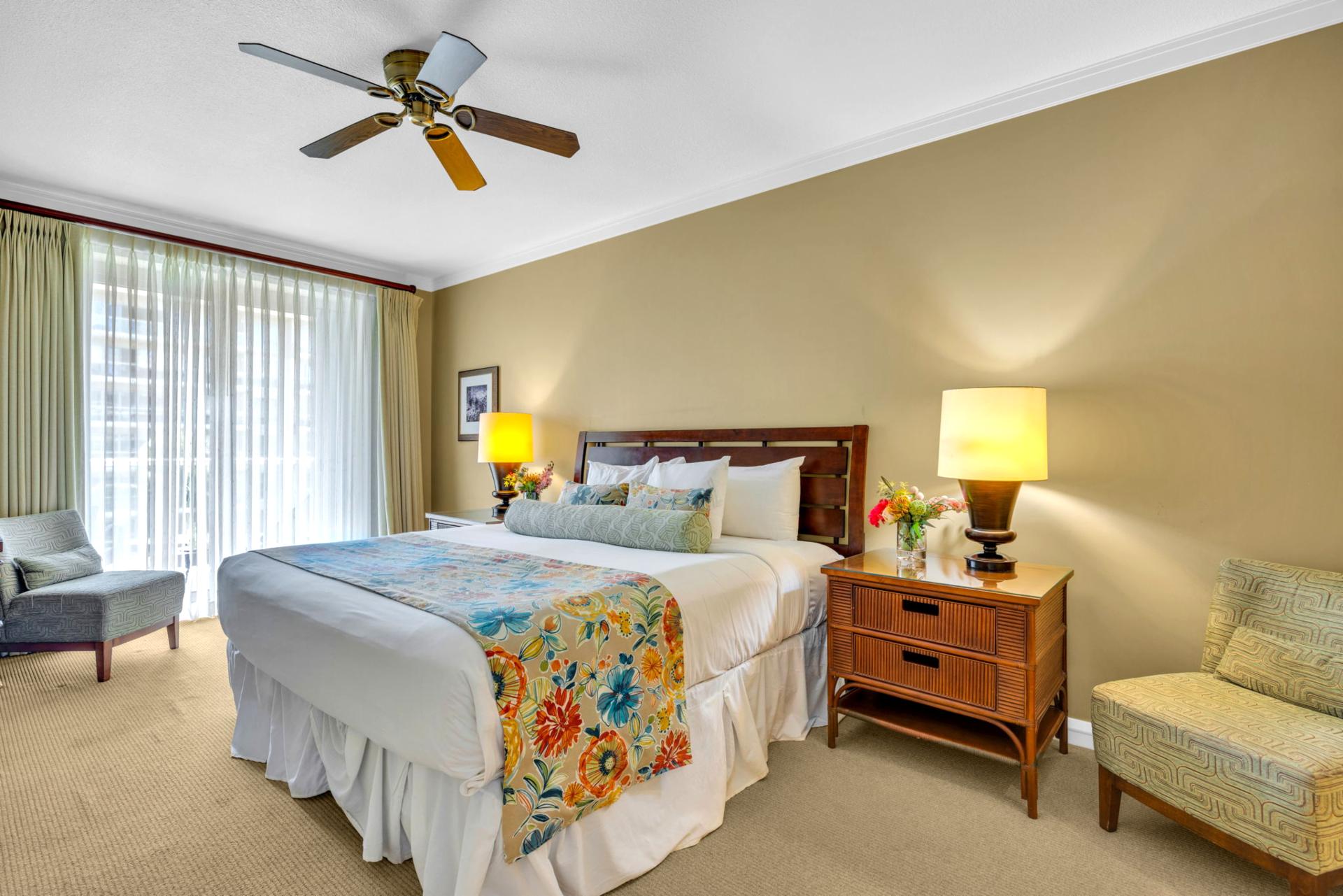 Bright and airy master bedroom with island style