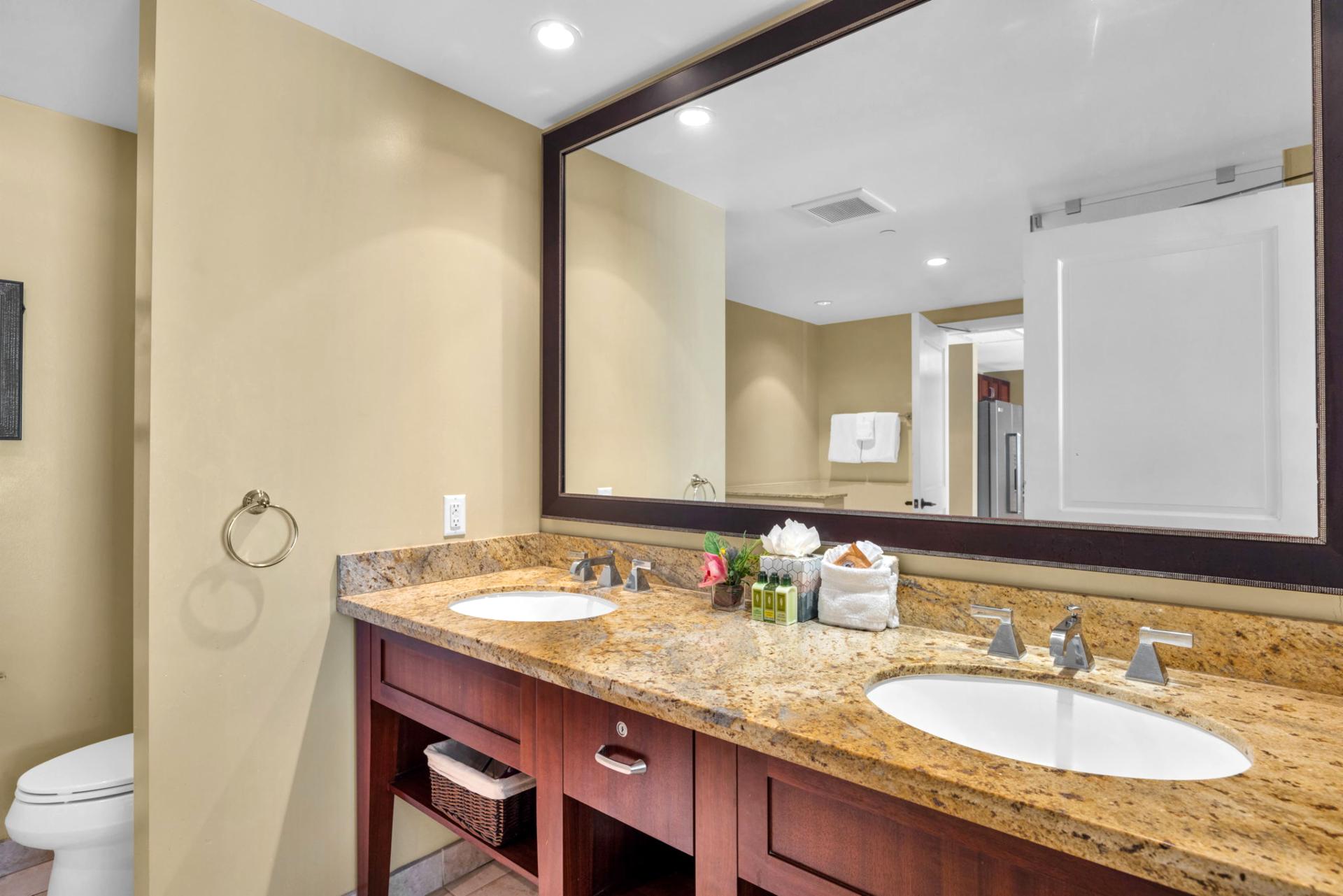 Sleek guest bath with granite counters and fresh details