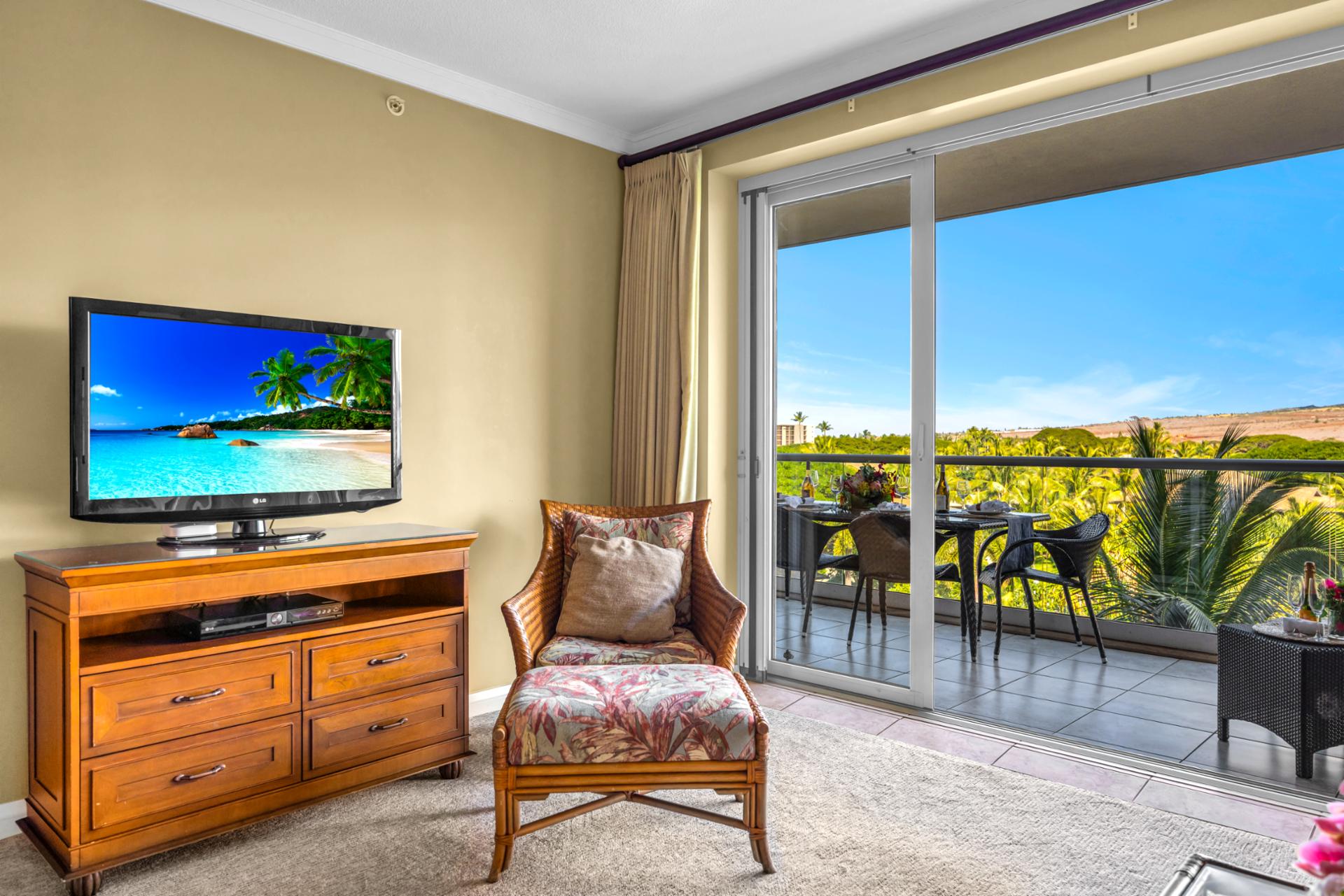 Cozy living room with sliding doors to island views