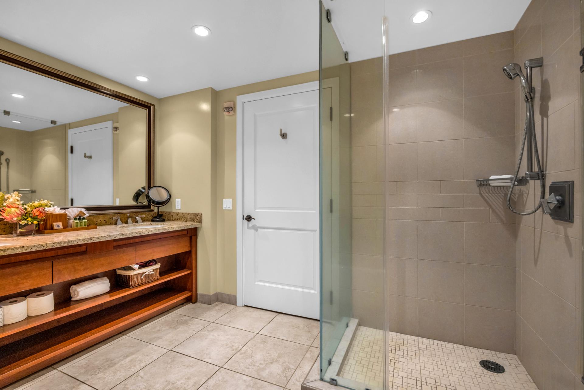 Refresh in a spa inspired primary bath with walk in shower