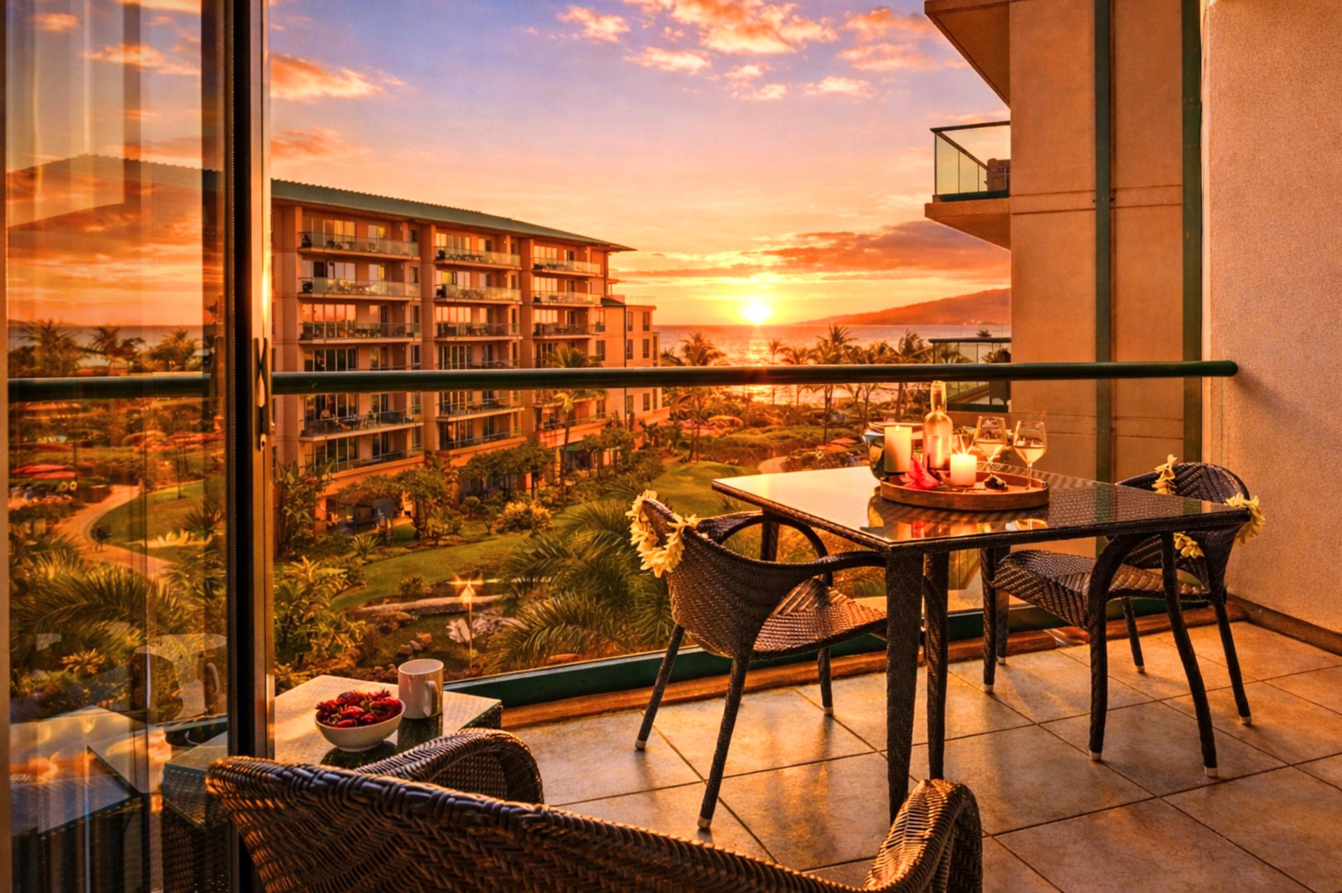 Catch beautiful Maui sunsets from your private lanai, with outdoor dining seating that invites you to linger over dinner as the sky fades into the Pacific.