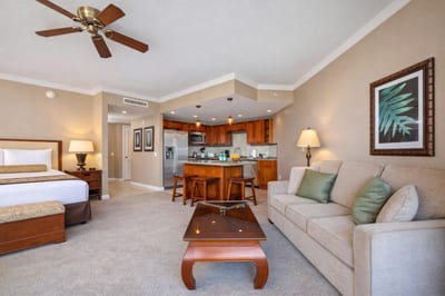 Your open studio welcomes you with a plush bed, sofa seating, and a full kitchen just steps away, creating an easy space for both rest and island living. HKK-537