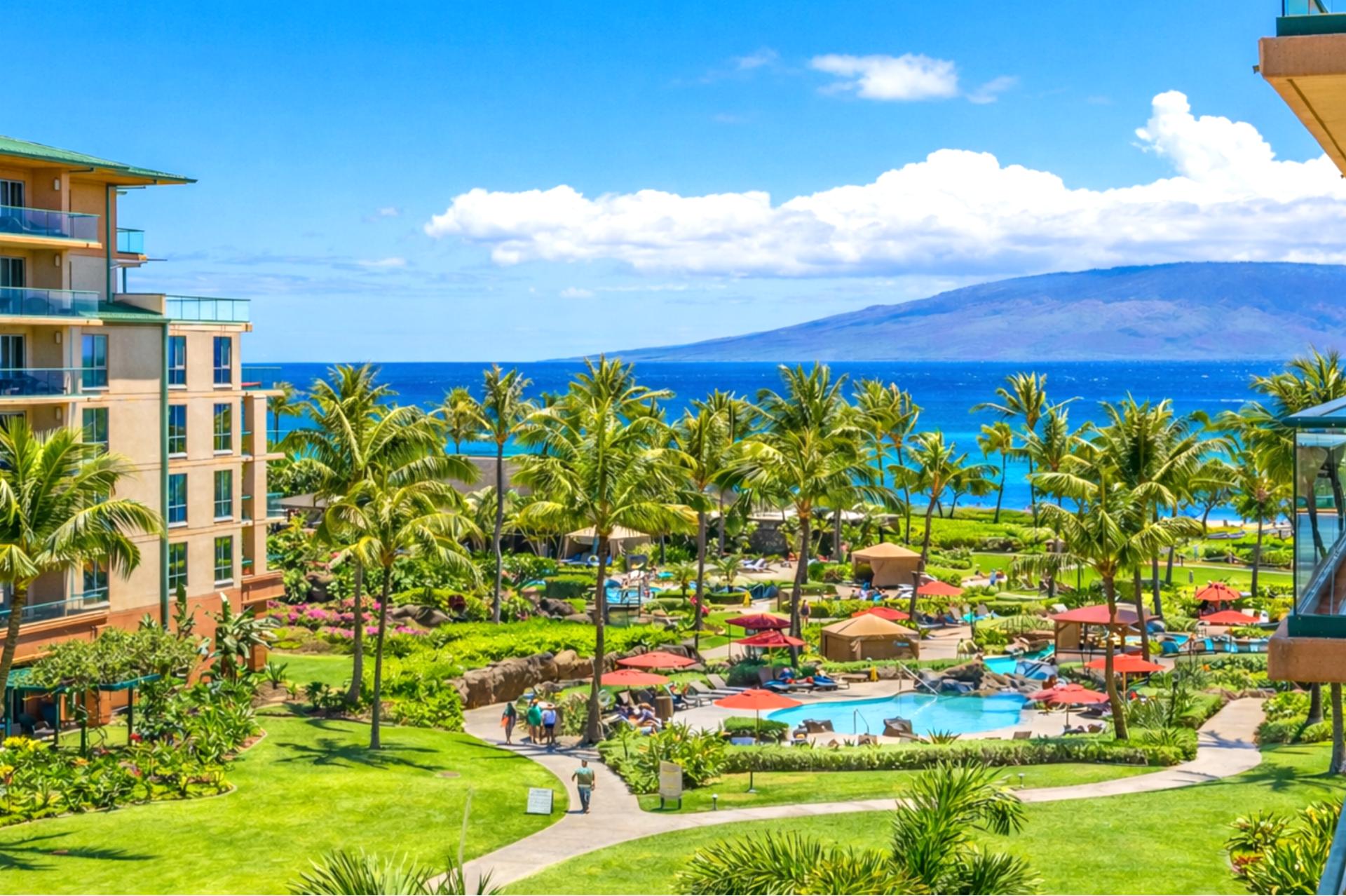 Honua Kai’s pools, tropical gardens, and the Pacific Ocean stretch beyond the resort grounds, placing you steps from one of Kaanapali’s most scenic beaches.