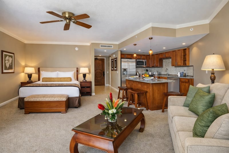 A wide view of your studio shows the seamless layout between sleeping, dining, and kitchen areas, designed to keep your stay comfortable and connected. HKK-537