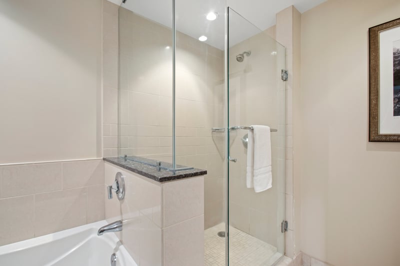 Elegant spa-style bathroom with glass shower, deep tub, and tranquility