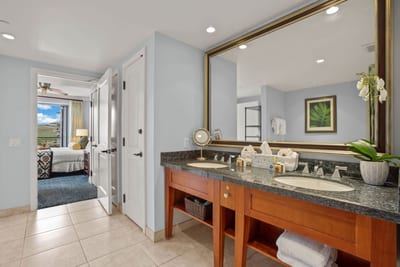 Modern bathroom with spa-like vanity and bedroom view beyond.