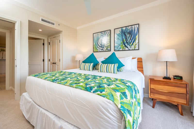 Tranquil bedroom oasis with tropical flair and restful island vibes.