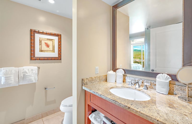 Charming guest bathroom with granite vanity and bright tropical decor touch.