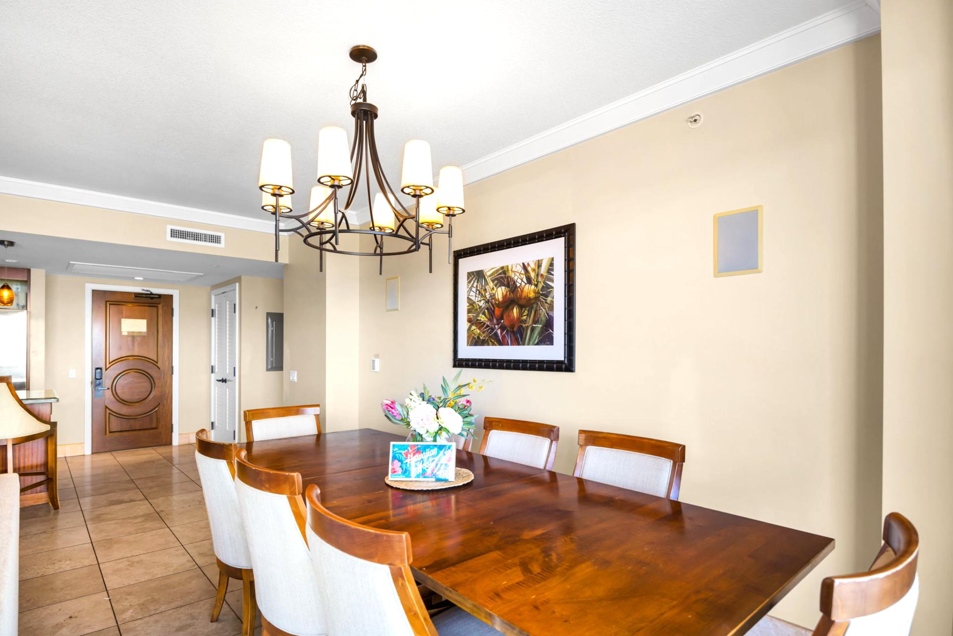 Kitchen and dining flow together for a social cooking and eating experience.