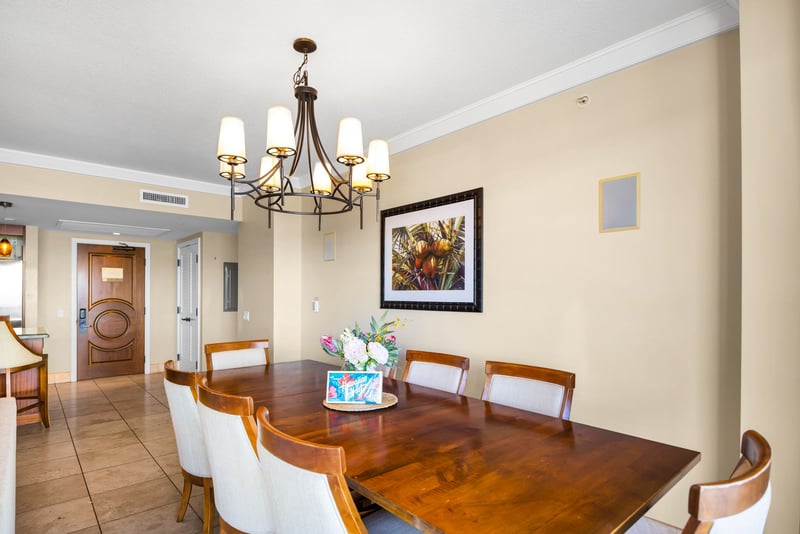 Kitchen and dining flow together for a social cooking and eating experience.
