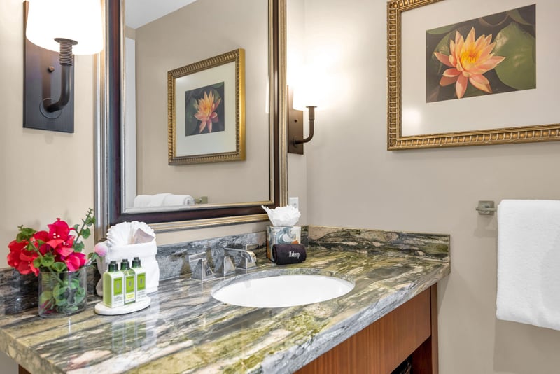 Granite vanity and accent lighting bring spa-inspired touches to the guest bath.