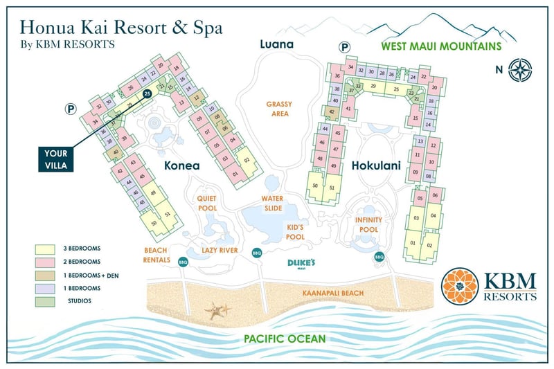 Resort map provides easy navigation to pools, beach, and on-site amenities.