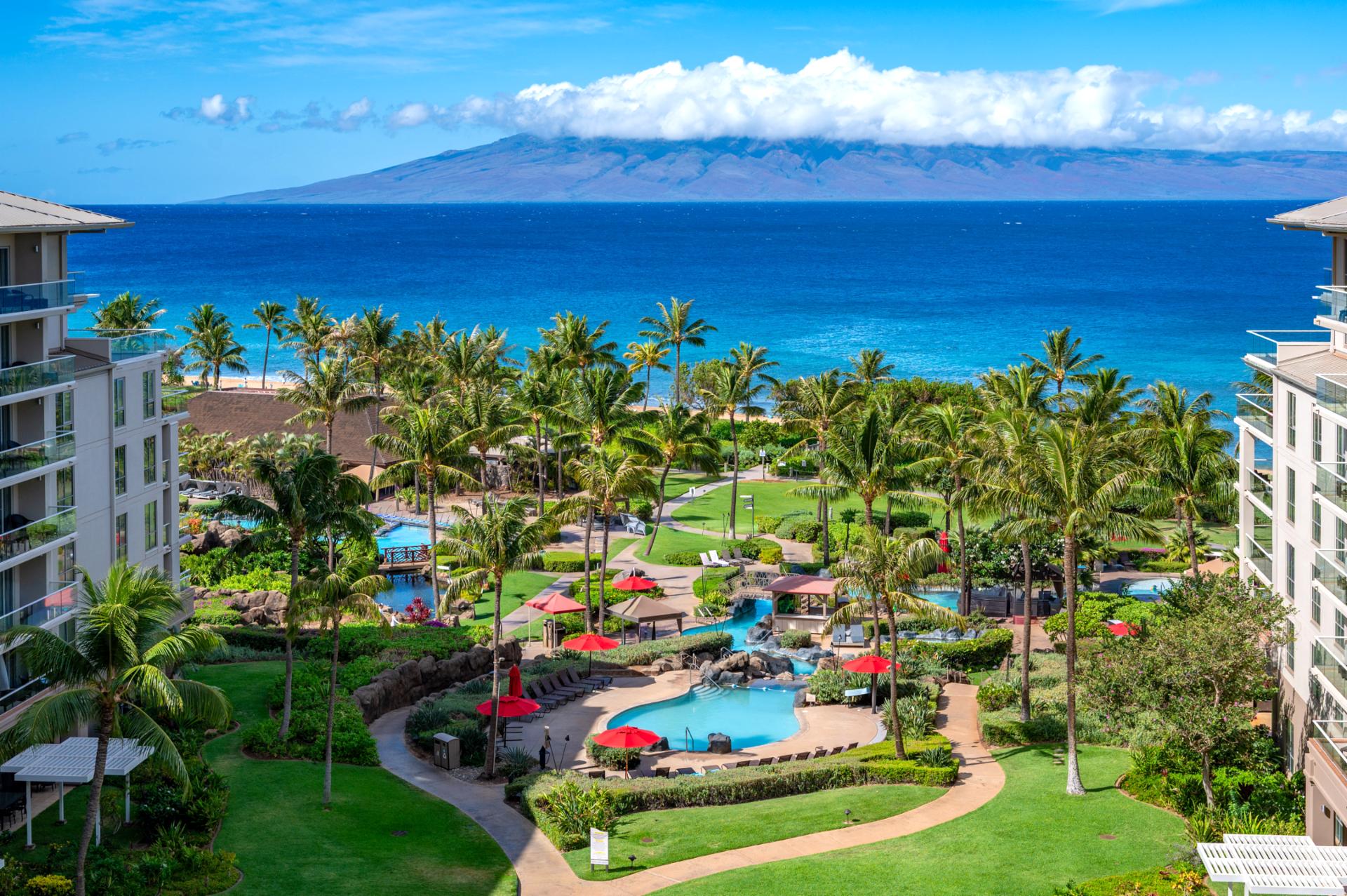 From this elevated vantage point, enjoy panoramic views of Honua Kai pools, lush tropical gardens, and the deep blue Pacific with Molokai on the horizon.