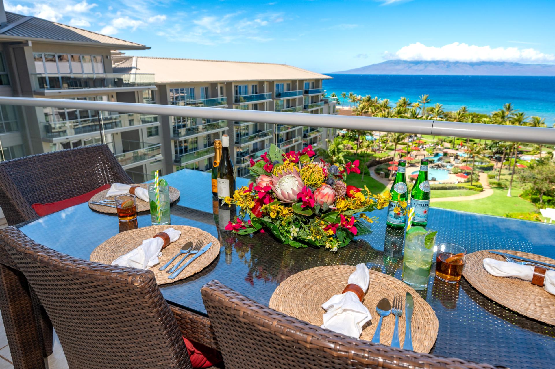 Dine with an ocean view from your private lanai, where tropical blooms and sweeping vistas over Honua Kai pools and the island of Molokai create an unforgettable setting.