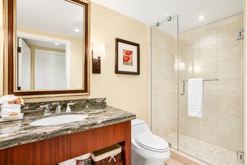 Guest bathroom features a walk in shower and granite vanity, combining practicality with a polished finish.