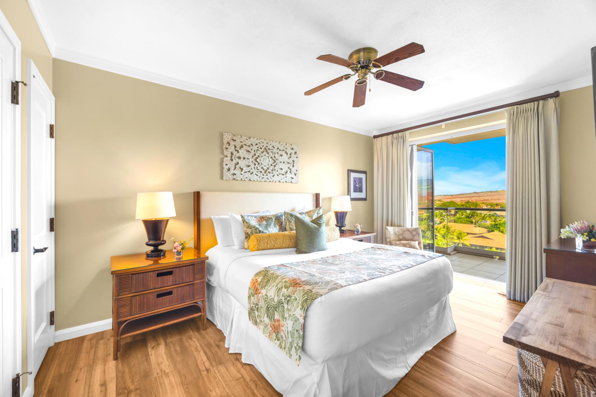 Drift off in a peaceful bedroom with calming views