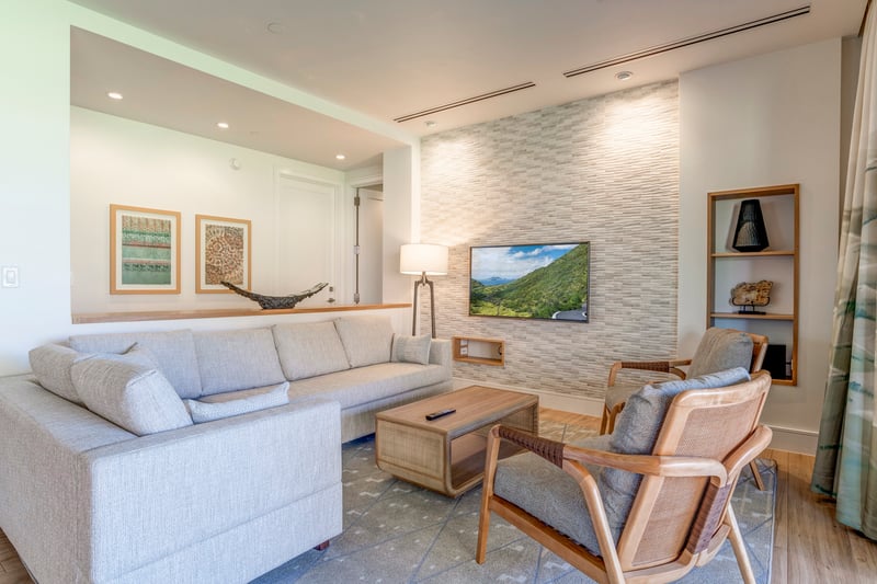 A modern living room with plenty of room for movie nights or post adventure relaxation