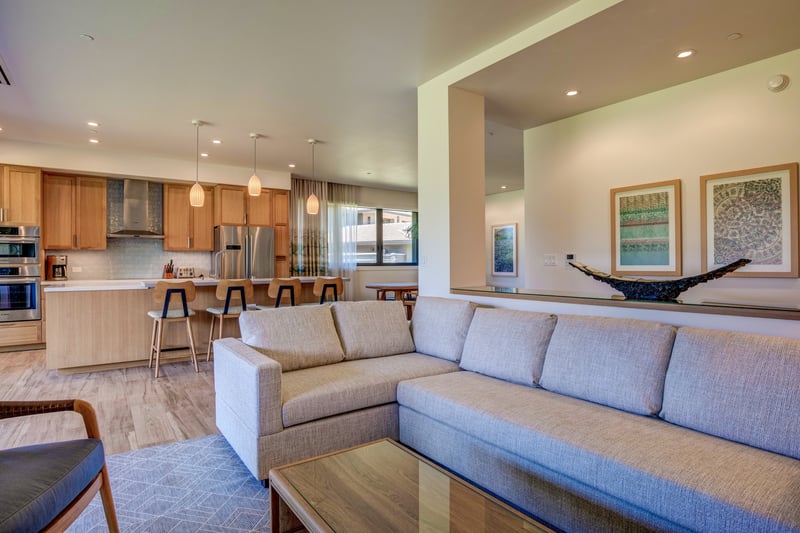 Open-concept living with modern kitchen and cozy lounge