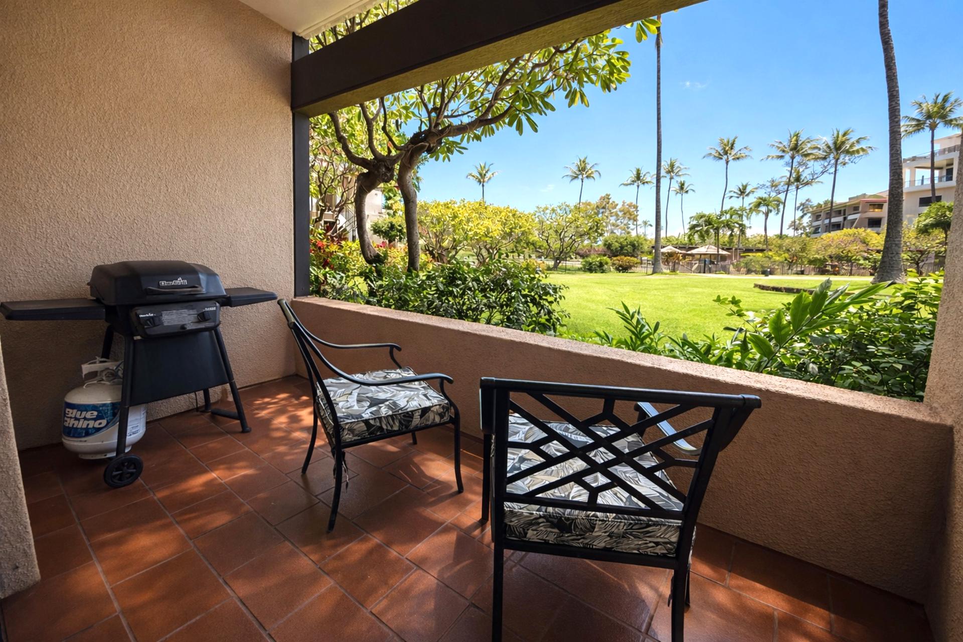 The lanai features a private bbq and relaxing area overlooking the grounds
