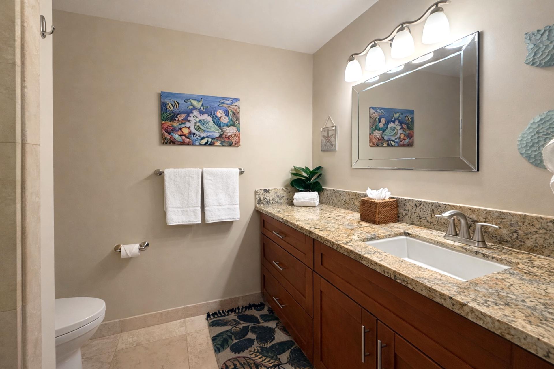 The guest bath features fantastic lighting and spacious countertops