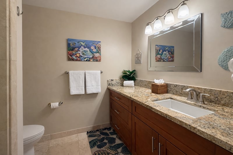 The guest bath features fantastic lighting and spacious countertops