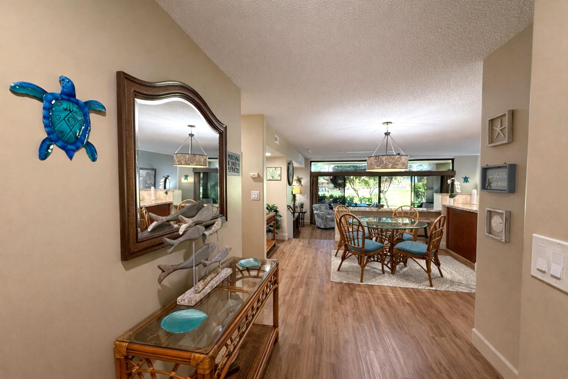 The villa features traditional Hawaiian decor, transporting you to the islands whether you are inside or out