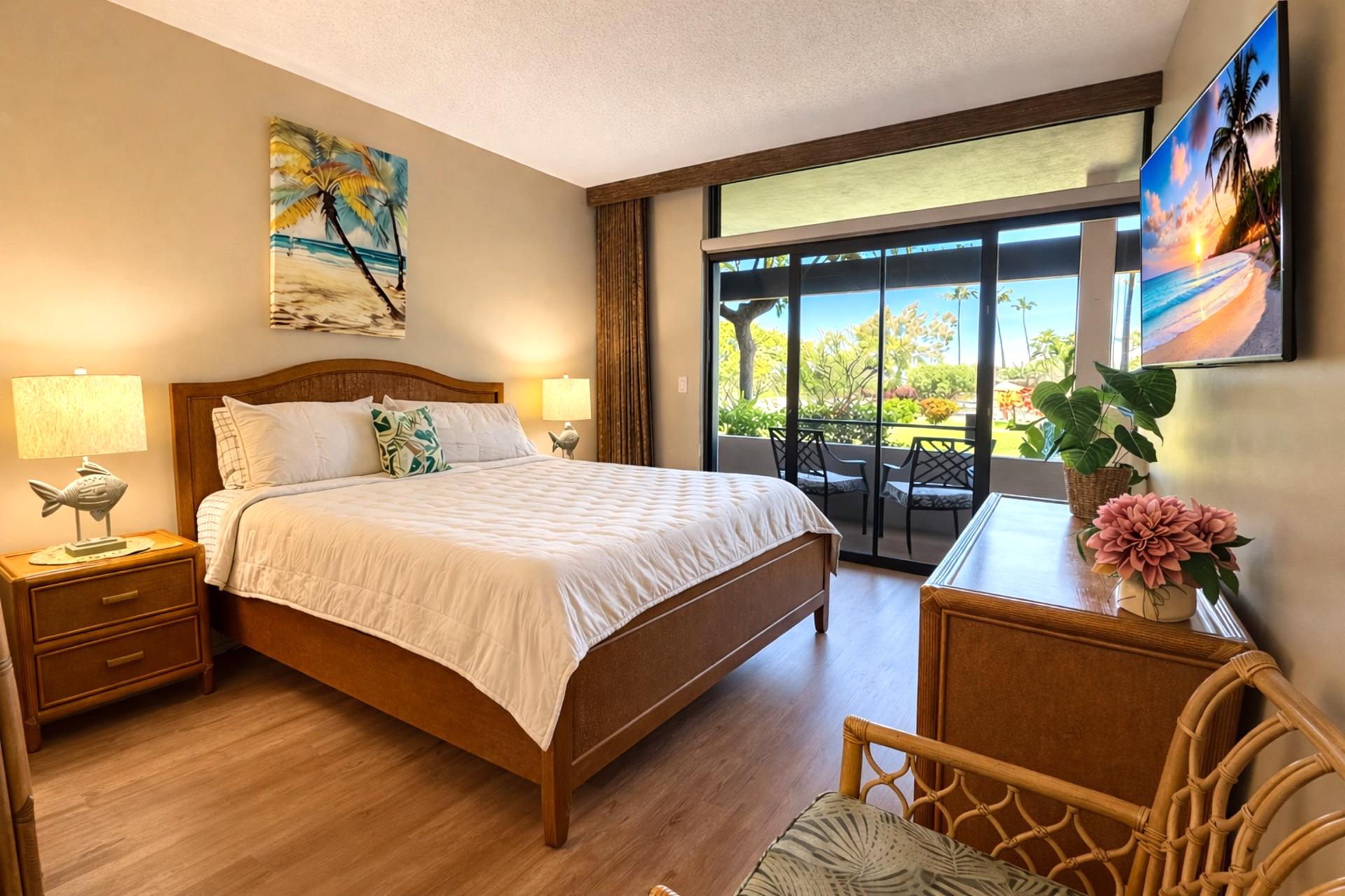 Master bedroom with tropical decor and natural light