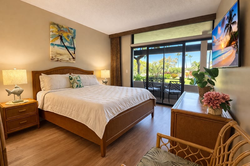 Master bedroom with tropical decor and natural light