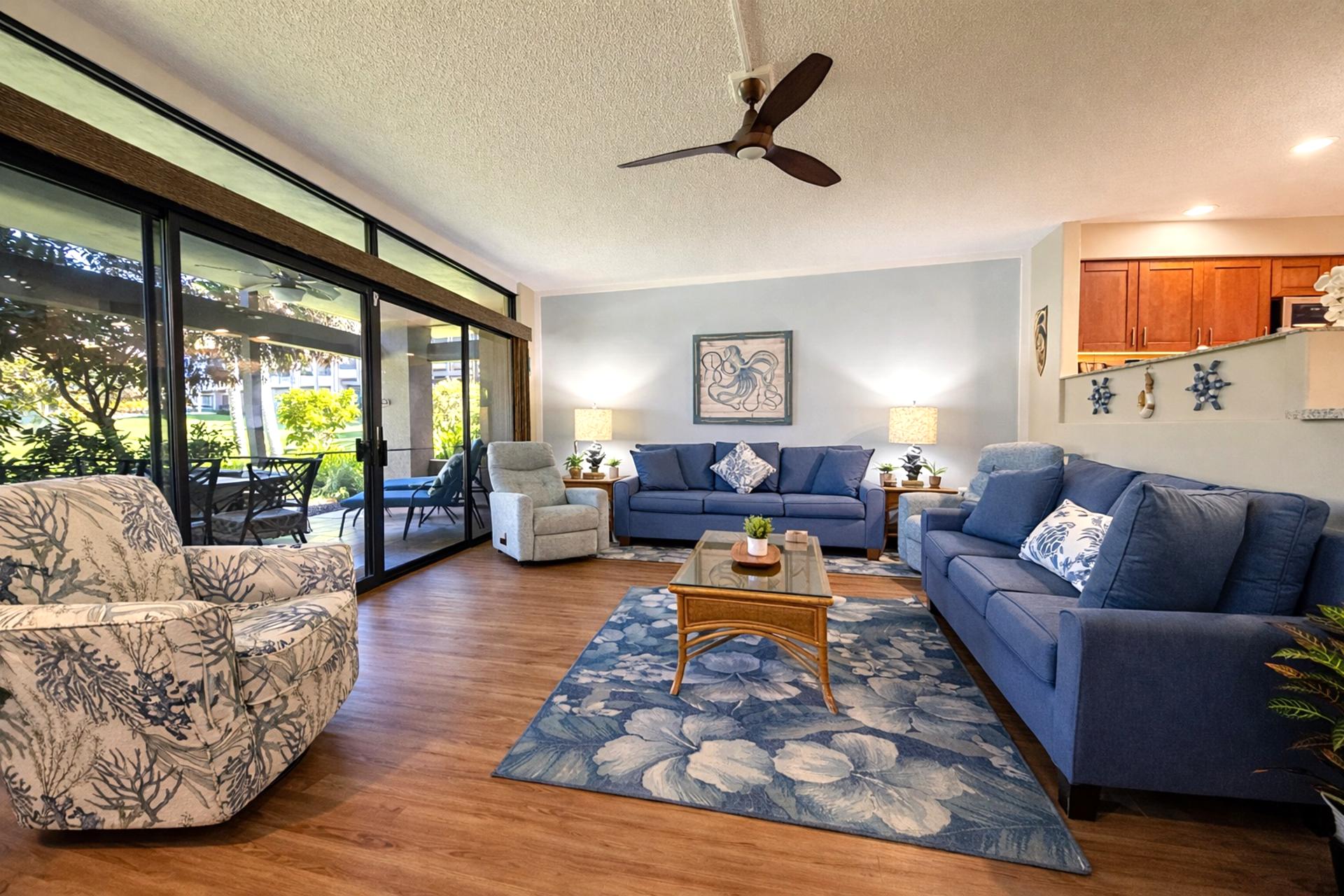 Bright living room with lanai access