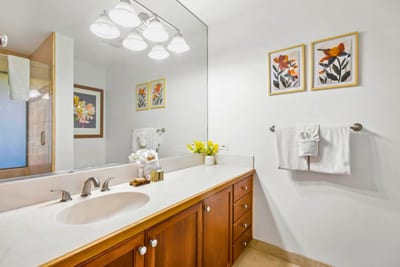 A spacious double vanity in warm wood tones pairs with brushed nickel fixtures, creating a calm and curated guest retreat