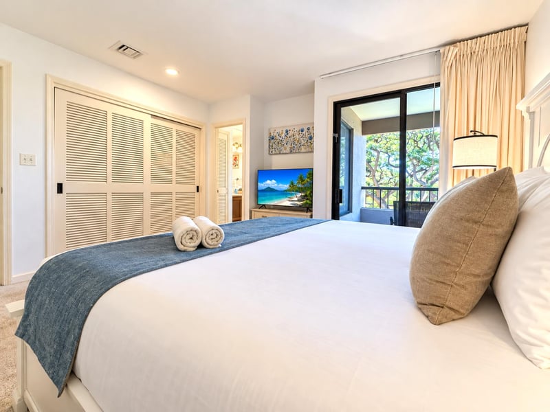 Louvered closet doors provide storage in your second bedroom, which also offers a TV and sliding lanai doors framing palm greenery.