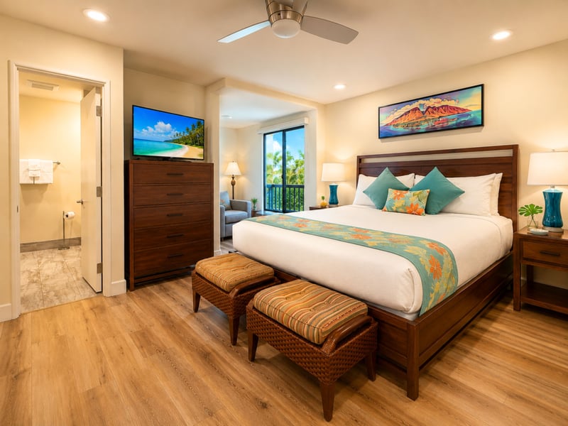 The guest bedroom opens to its own ensuite bath through the doorway, with a flat screen television on the dresser and a sitting area beside the lanai slider.