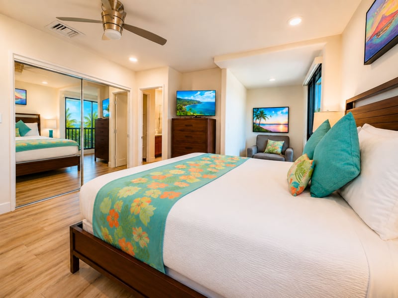 Mirrored closet doors and a flat screen TV furnish this guest bedroom, with a private reading nook for your enjoyment.