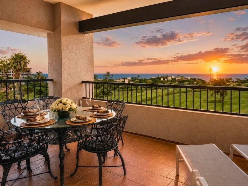 Sunset lanai dining at Kaanapali Royal P301, with panoramic ocean and golf course views over West Maui framed by swaying palms.