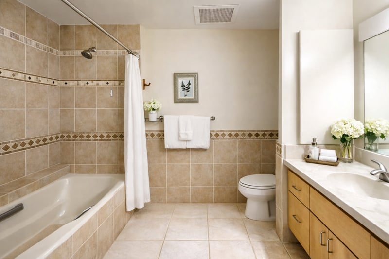 The deep soaking tub is framed by classic border tile and topped with a rainfall-style showerhead for spa-like versatility