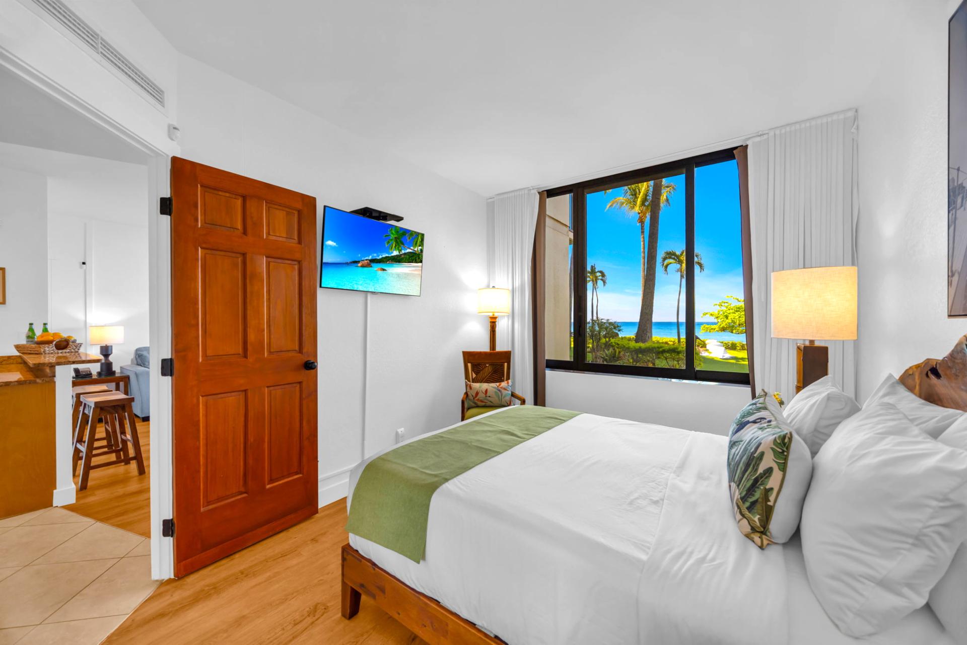 Bright and inviting, the guest bedroom is a tranquil haven with elegant touches