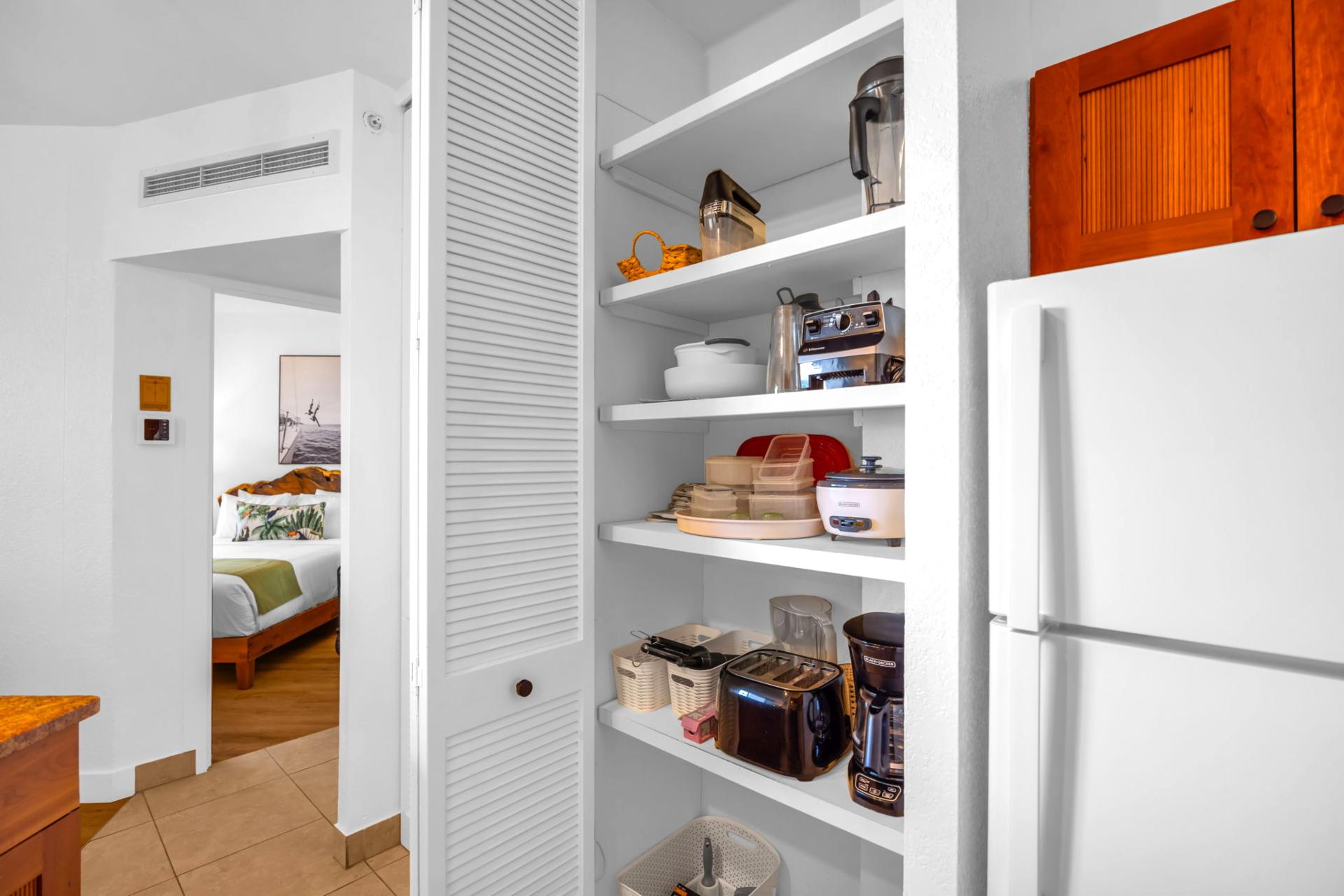 Your kitchen supplies are neatly tucked away in the pantry