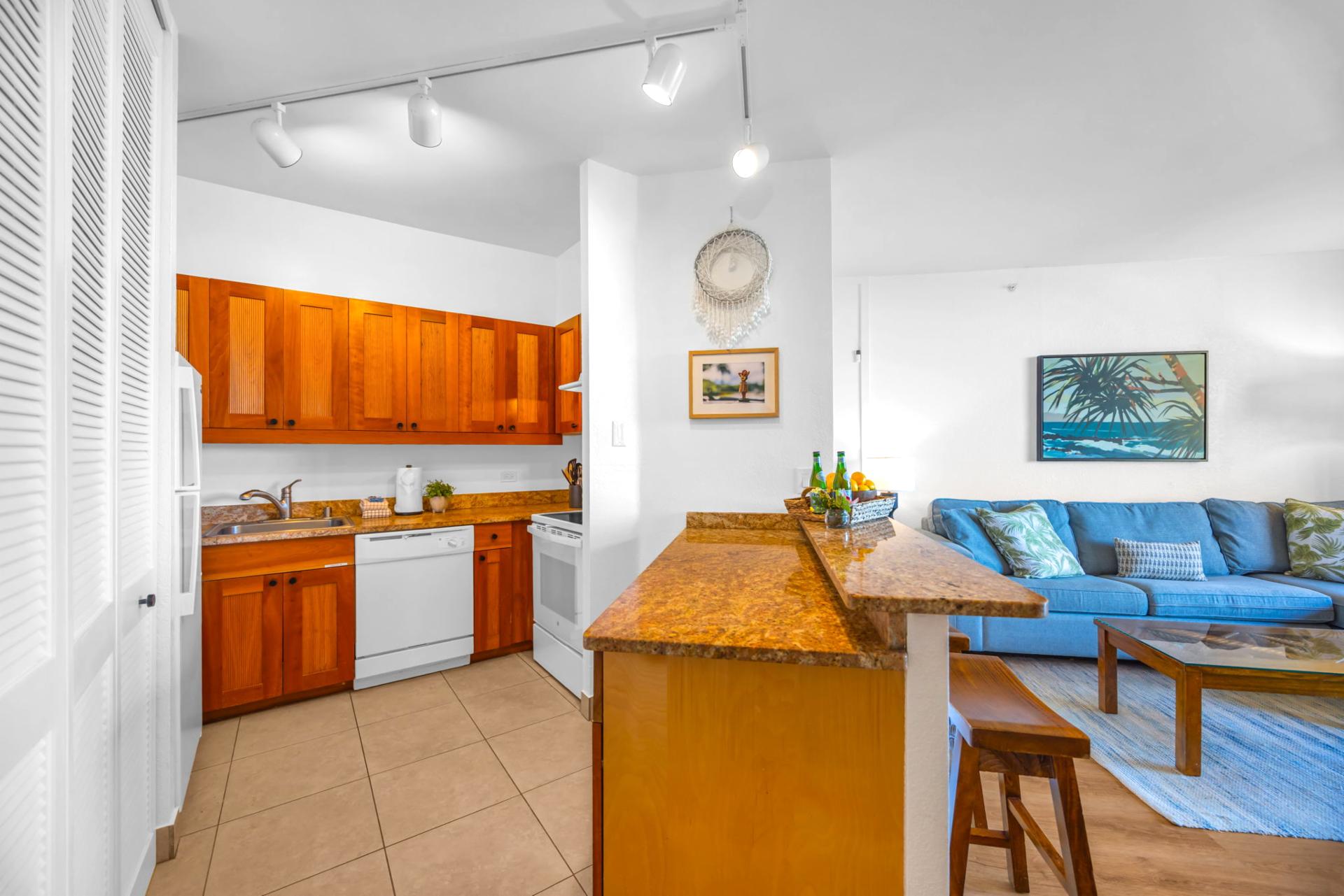 Warm wood cabinetry give this well-equipped kitchen a welcoming feel