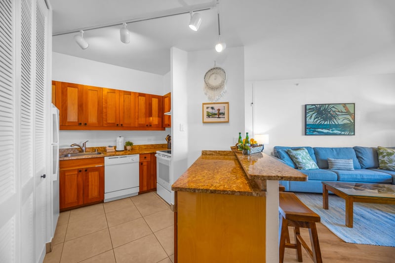 Warm wood cabinetry give this well-equipped kitchen a welcoming feel