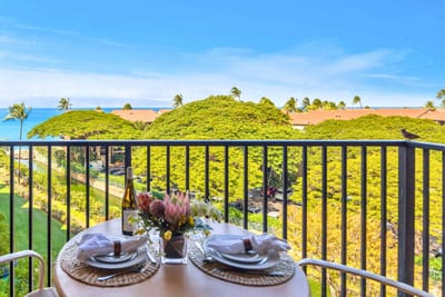 Settle in for breakfast or a sunset toast with partial ocean views and breezy treetop scenery from your private lanai at Kaanapali Shores.