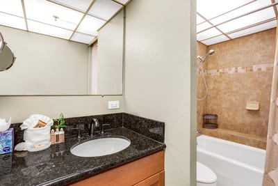 A sleek granite vanity anchors the space with polished depth, while soft green walls add an inviting, natural warmth
