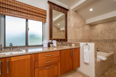 A full-size tub, walk-in shower, and wide dual vanity provide space, style, and comfort in one serene space KBV-12B3