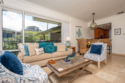With plush seating, soft blues, and tropical accents, this living room invites relaxation and conversation KBV-12B3