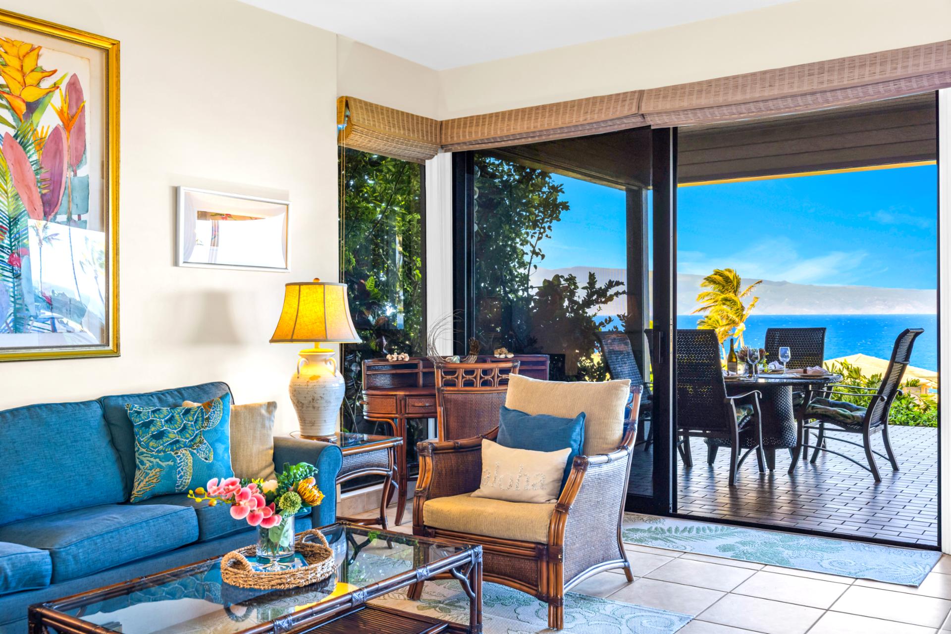 The expansive sliding glass doors create a seamless indoor-outdoor experience