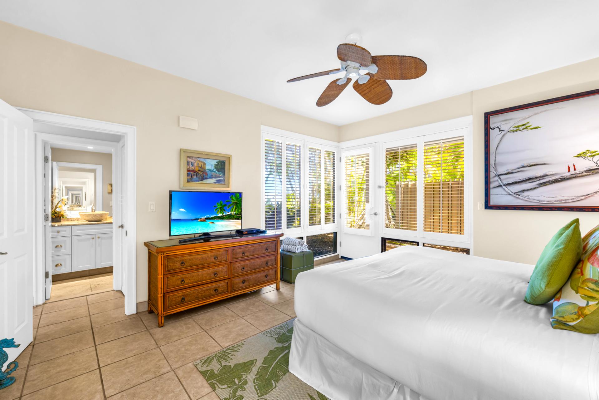 The cozy yet spacious guest bedroom is designed for restful nights