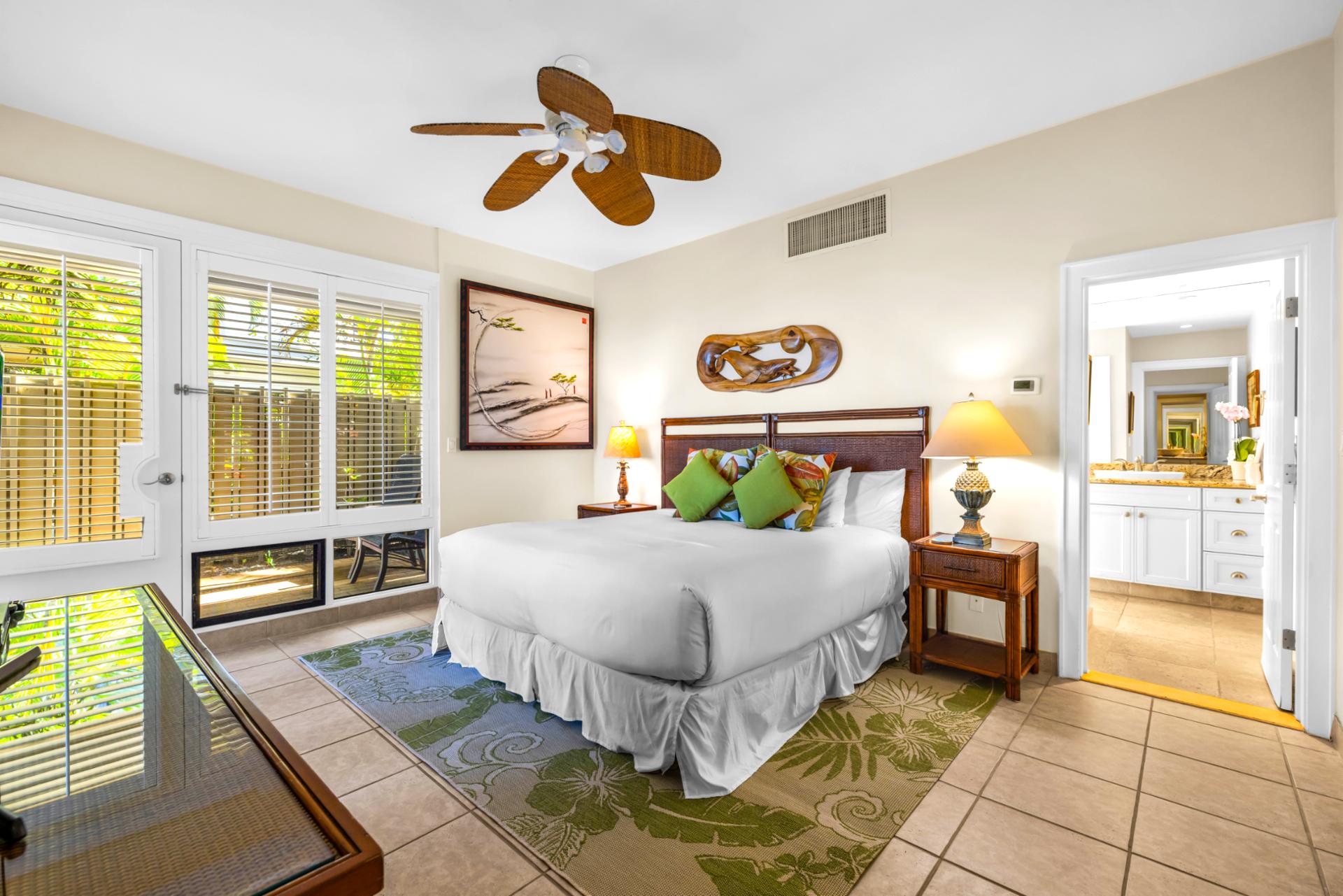 The welcoming guest bedroom is filled with natural light